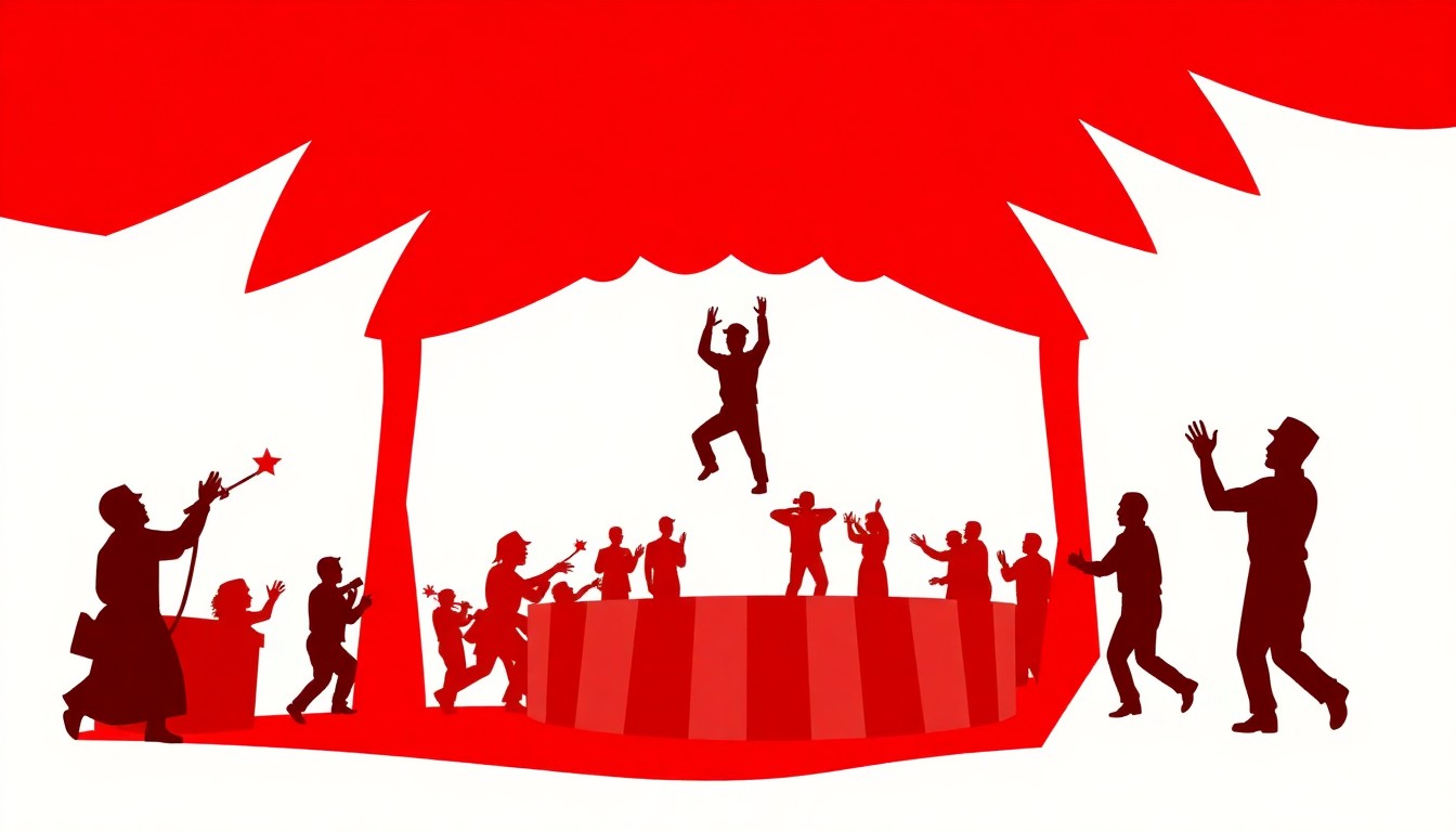 A striking, minimalist composition of jagged red and white geometric shapes, conceptually representing the high-energy spectacle of a circus performance.