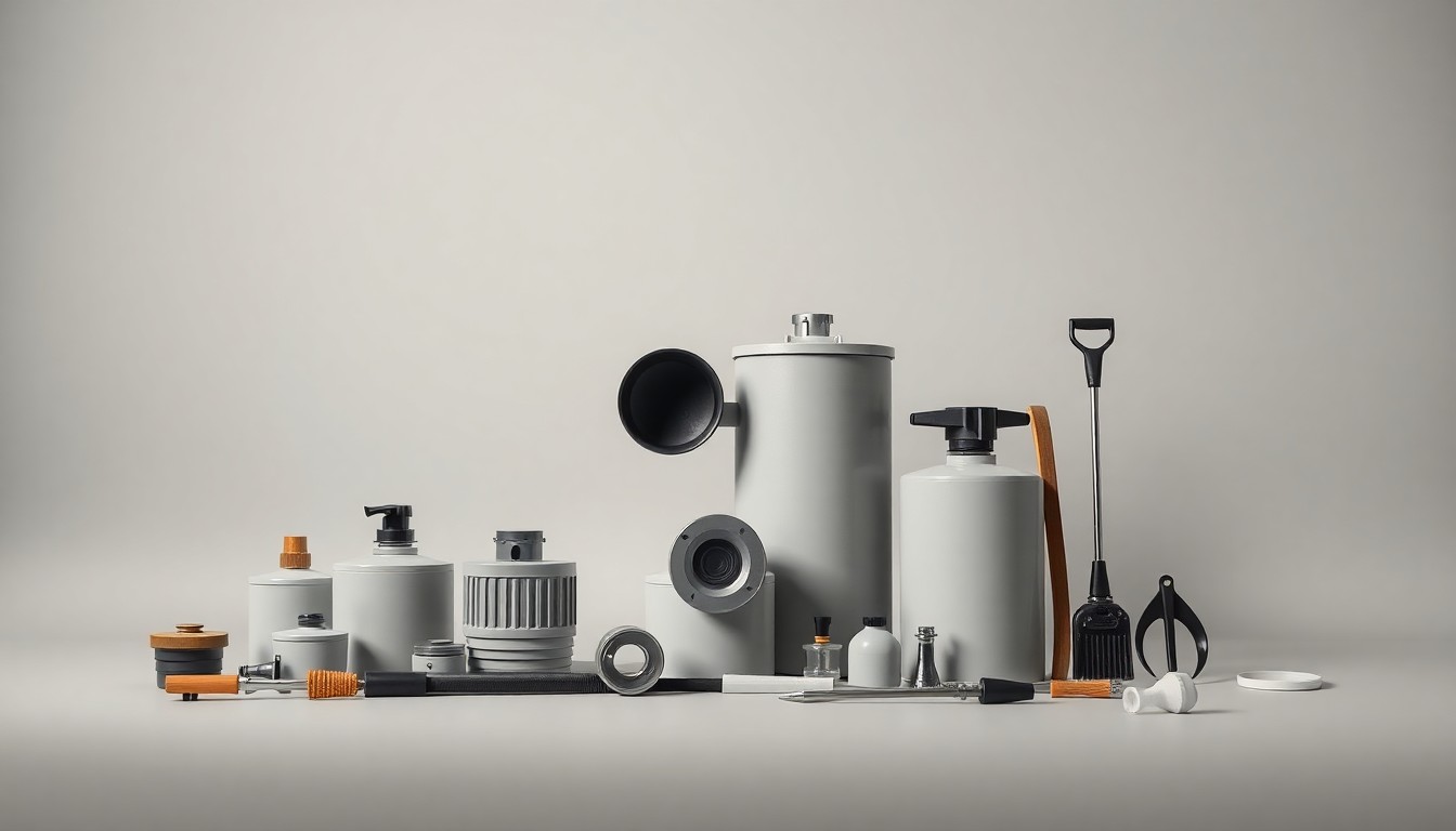 A high-end, photorealistic studio still-life photograph featuring a collection of premium septic system components and tools arranged elegantly on a clean, monochromatic seamless background, conceptually representing Septic Solutions LLC's focus on technical expertise and modern service delivery.