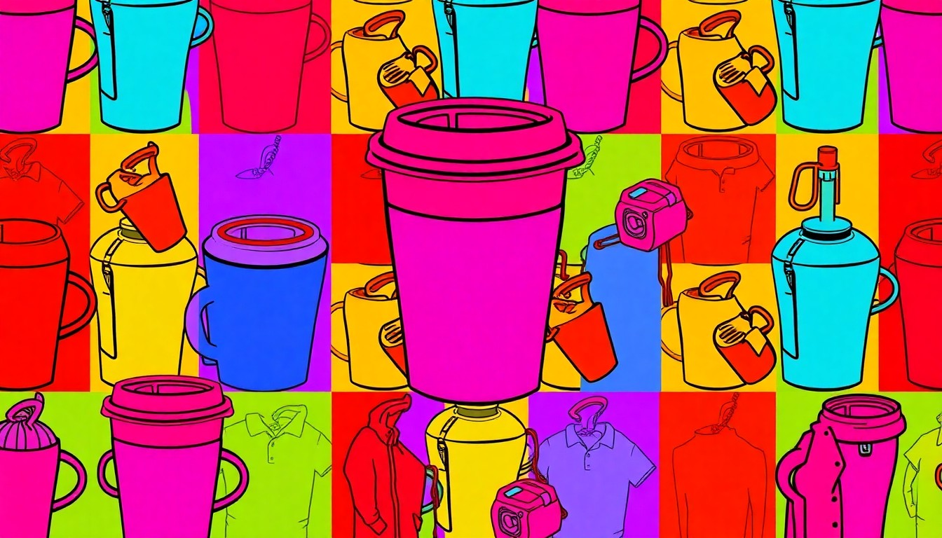 A brightly colored, high-contrast silkscreen print of a single, iconic lifestyle object like a coffee cup or piece of clothing, repeated in a tight grid pattern to turn everyday consumer habits into modern pop art.