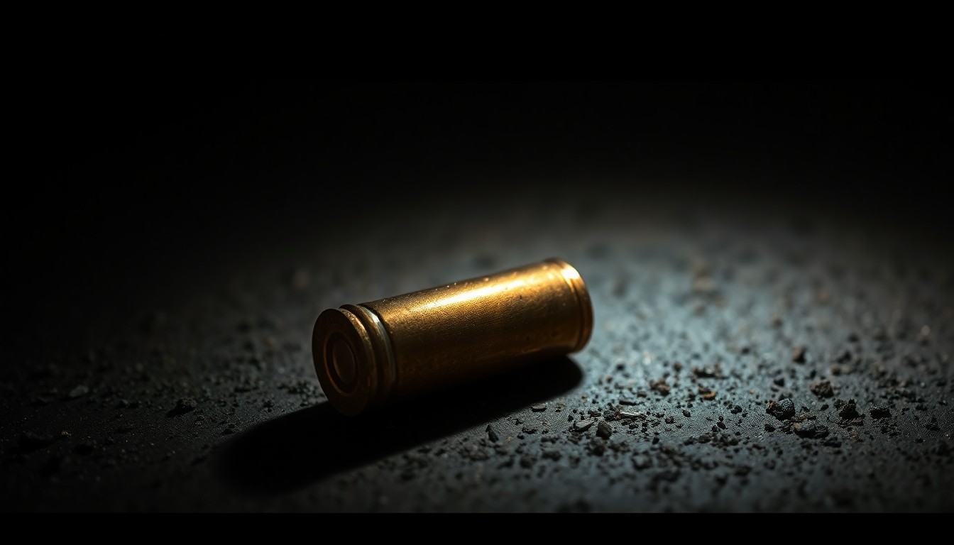 An extreme close-up photograph of a single spent bullet casing on a dark, gritty surface, lit by a harsh camera flash, conceptually representing the aftermath of a fatal shooting incident.