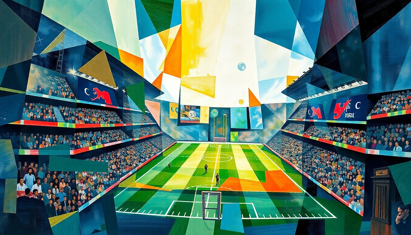 A cubist, geometric painting depicting a fragmented football game, with overlapping planes of color and shape representing the various perspectives and dynamics of the sport.