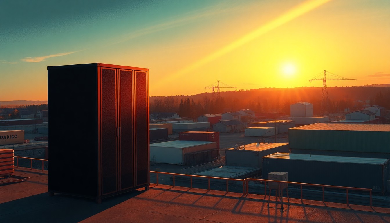 A serene, painterly scene of a solitary data server rack glowing in the warm light of an industrial Maine town, conceptually representing the complex tradeoffs surrounding the rapid growth of data centers.