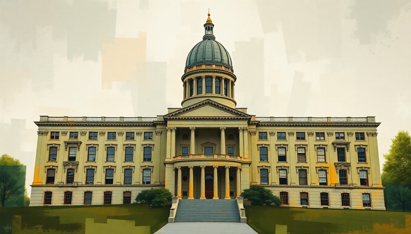 A dynamic, abstract painting of an Iowa state capitol building, its facade fragmented and repeated in overlapping geometric waves of earthy green, ochre, and slate grey tones, conveying the tension and complexity of the property tax debate.