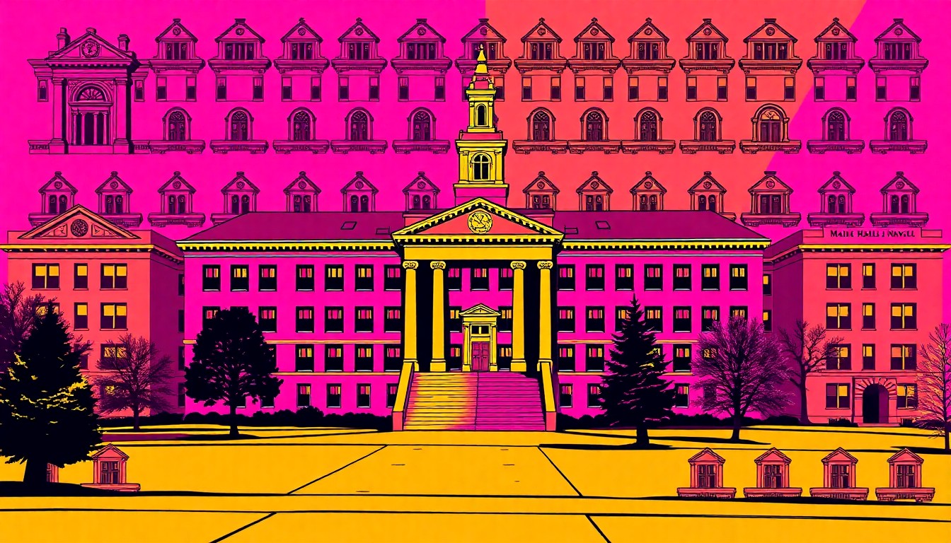 A bold, graphic illustration featuring a repeating pattern of a university campus building in vibrant, neon-inspired colors, conceptually representing the energy and anticipation surrounding the search for a new University of Montana president.