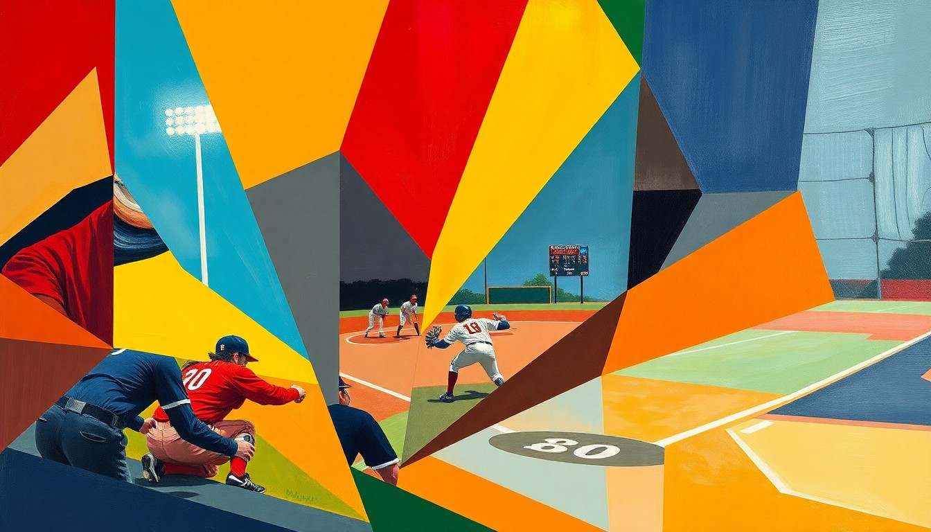 A fragmented, geometric painting in the style of Pablo Picasso, using the official team colors to depict the action and movement of a high school softball game in an abstract, deconstructed manner.