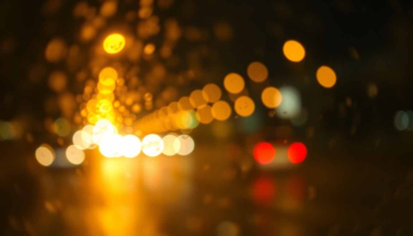 An abstract, impressionistic photograph of blurred taillights and headlights on a rainy night, capturing the warm, dreamy atmosphere of a Route 66 road trip.