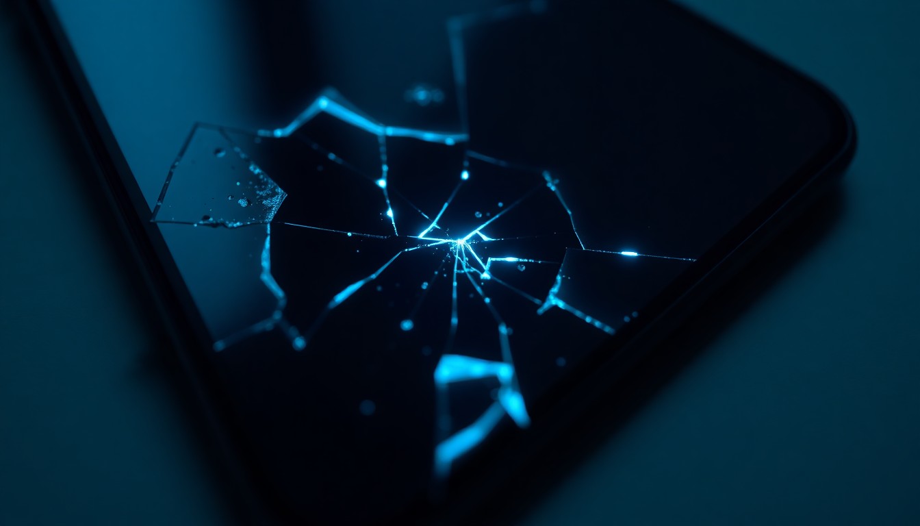 An extreme close-up of a shattered smartphone screen reflecting a faint blue digital glow, conceptually representing the dark digital world of child exploitation.