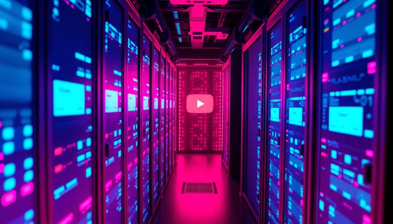 A highly detailed 3D illustration of a glowing, neon-lit server rack or data center infrastructure, representing the behind-the-scenes technology powering YouTube's streaming services. The hardware is illuminated by vibrant cyan and magenta lighting, conveying the digital nature of the platform.
