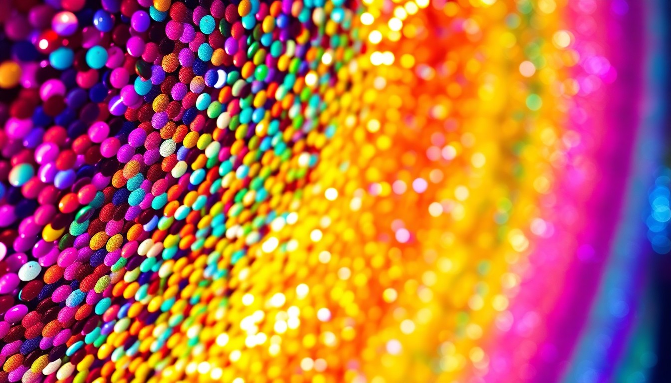 An extreme close-up photograph of shimmering, glittering sequins in a kaleidoscope of vibrant colors, capturing the high-fashion glamour and visual spectacle of Coachella's art installations.