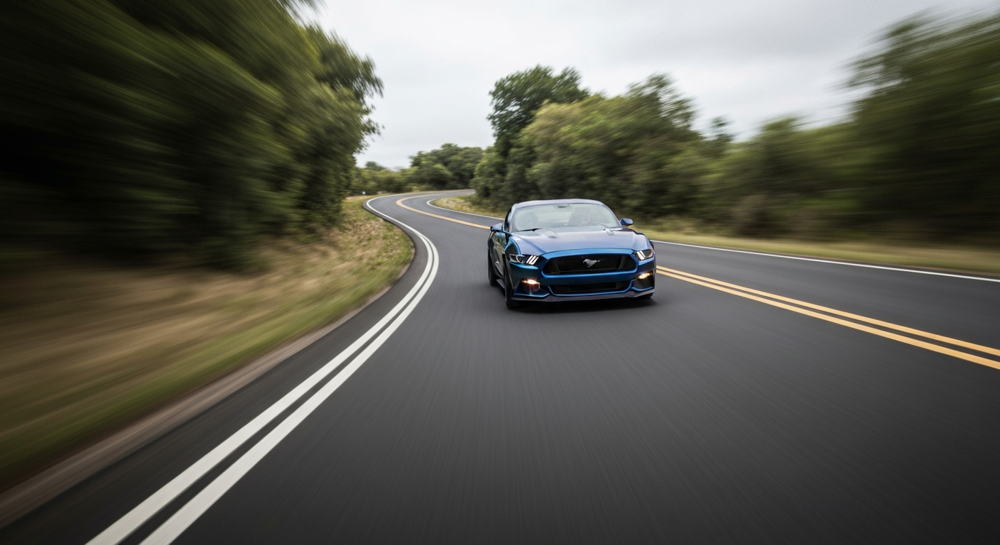 An abstract, blurred color photograph depicting the dynamic motion of a Ford Mustang sports car speeding down a winding road, conveying a sense of speed, power, and modern engineering.