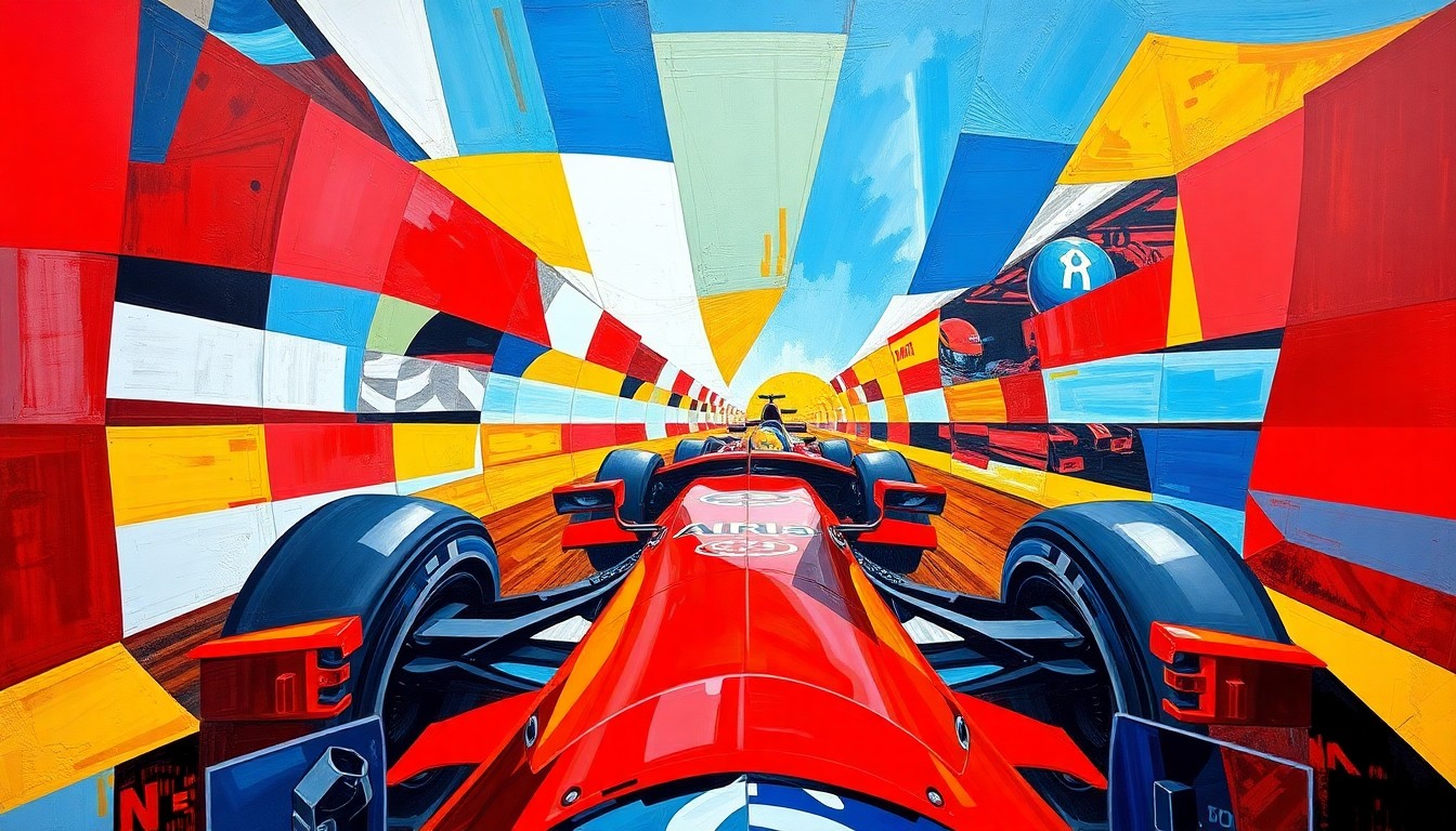 A cubist, geometric painting in bold primary colors depicting a fragmented, multi-perspective view of a Formula 1 race, conceptually illustrating the disconnect between driver skill and algorithmic control over the hybrid power units.