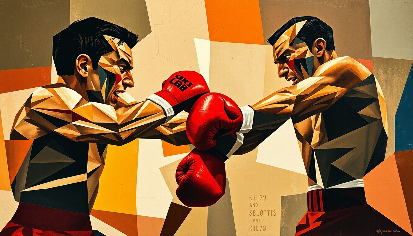 A fractured, cubist painting depicting the dynamic motion and energy of a boxing match, with the fighters' bodies and faces abstracted into sharp, overlapping geometric forms.