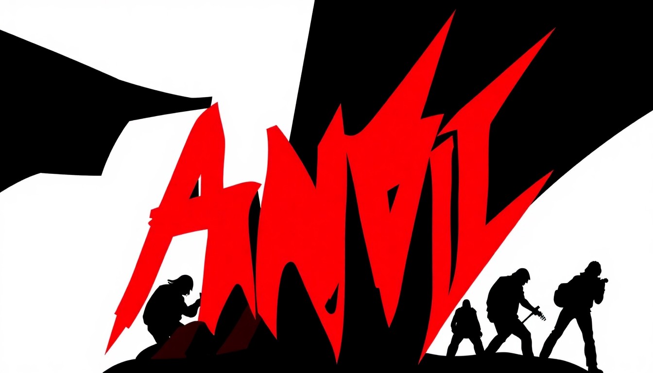 A striking, abstract composition of jagged, geometric shapes in bold red and black, representing the heavy metal music and legacy of the band ANVIL.