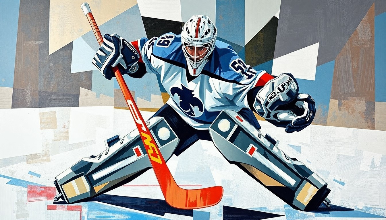A cubist-style painting depicting a hockey goaltender in action, with their movements and equipment broken down into sharp, overlapping geometric shapes and planes, conveying the dynamic and multifaceted nature of the sport.