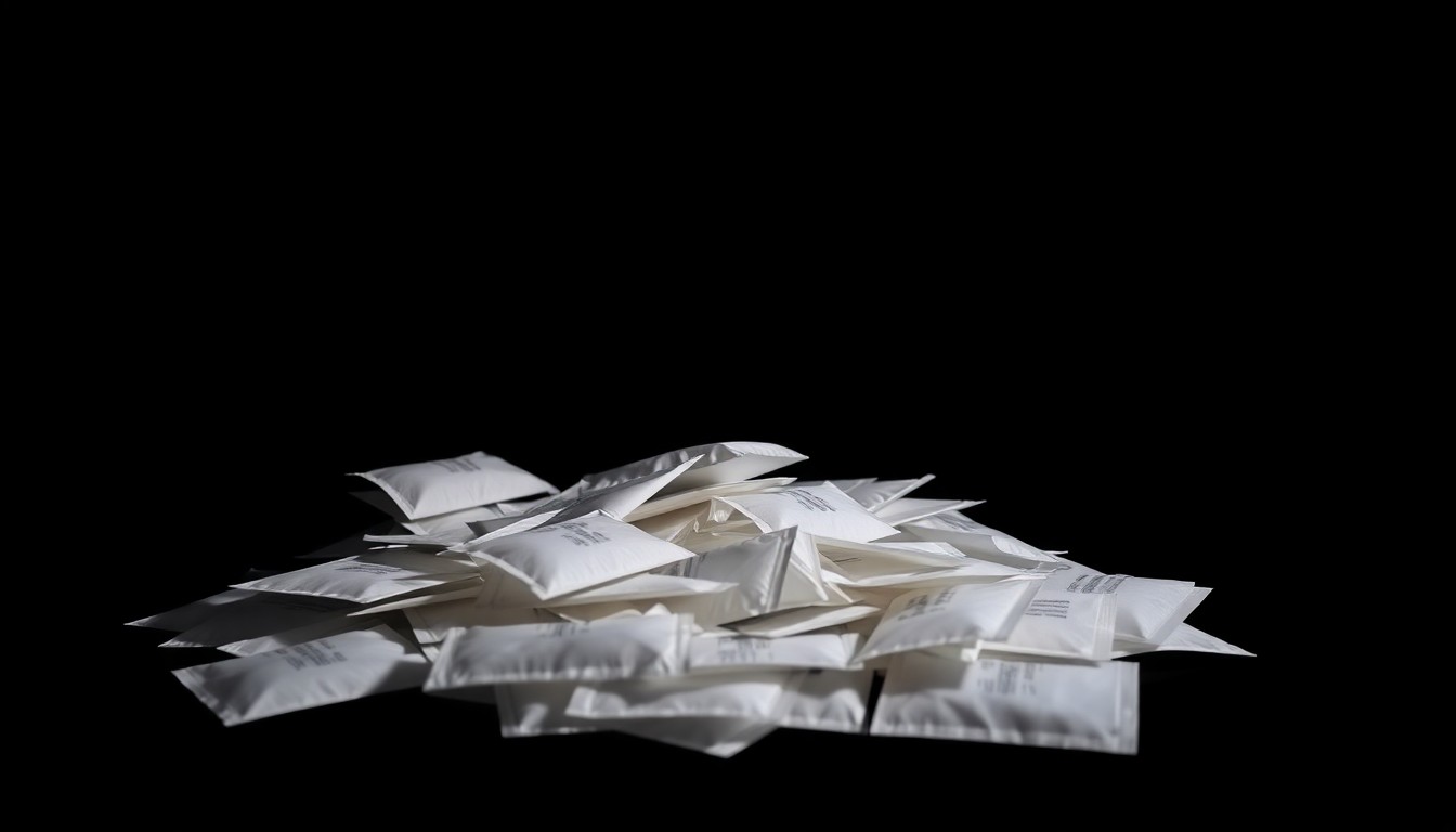 An extreme close-up photograph of a pile of small, clear plastic bags filled with a white powdery substance, dramatically lit by a harsh flash against a dark background, conceptually representing the seized fentanyl from a major drug bust.
