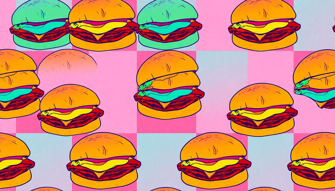 A bold, colorful silkscreen print featuring multiple images of a classic Tavern Sandwich, a Midwest comfort food staple, conceptually representing the closure of the popular Sioux Falls food truck Taverns & Tots.