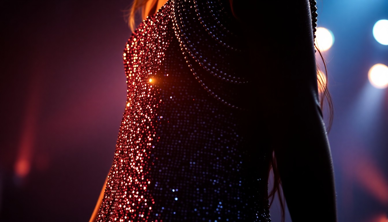 An extreme close-up of a shimmering, sequined fabric texture in dramatic, high-contrast lighting, conceptually representing the glamour and energy of Karol G's Coachella performance.