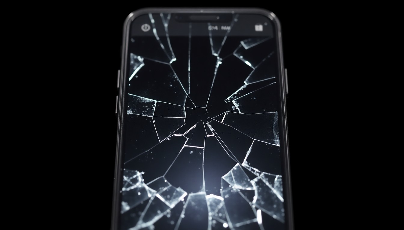An extreme close-up photograph of a shattered smartphone screen, the broken glass reflecting a harsh, direct camera flash against a pitch-black background, conceptually representing the fragility of digital evidence in a high-stakes criminal case.