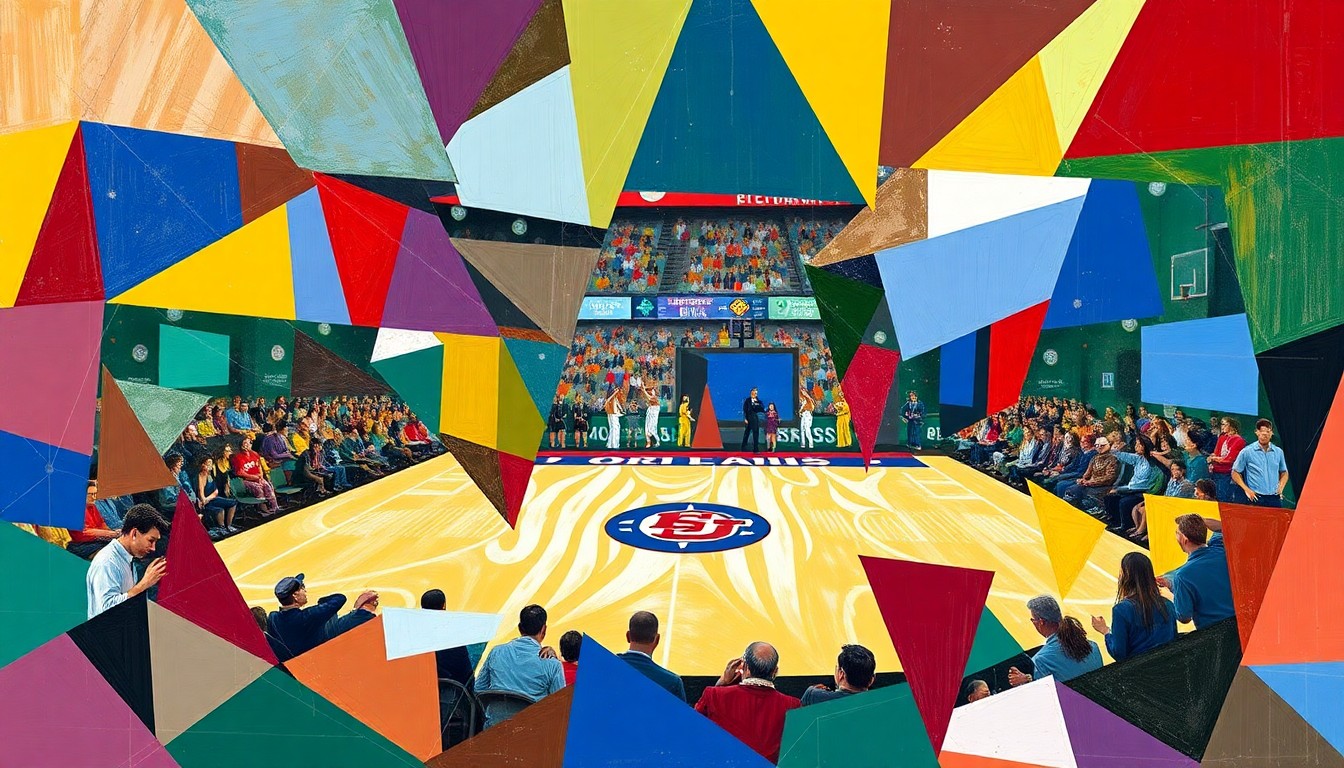 A cubist-style painting depicting a fragmented, geometric representation of a college basketball game or tournament, with vibrant colors and overlapping shapes that convey the dynamic and evolving nature of the postseason landscape in college sports.