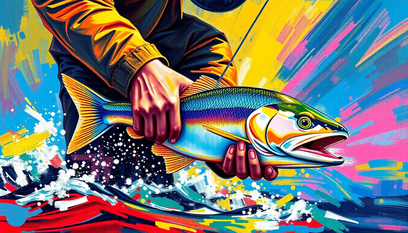 An abstract, energetic painting using bold brushstrokes and neon colors to depict the careful handling of a freshly caught fish, conveying the importance of sustainable angling practices.
