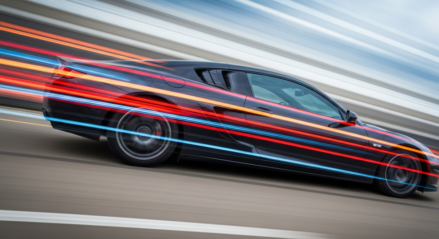 An image of a sports car blurred into sweeping, colorful streaks, conveying a sense of speed and energy through the use of dynamic motion blur.