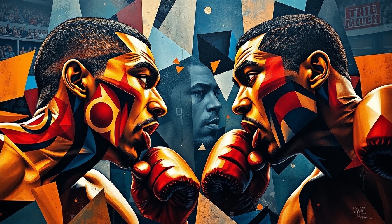 A cubist-style painting depicting the boxing match between Teofimo Lopez and Shakur Stevenson, with their figures broken down into sharp, overlapping geometric shapes and planes, capturing the raw energy and intensity of the fight.