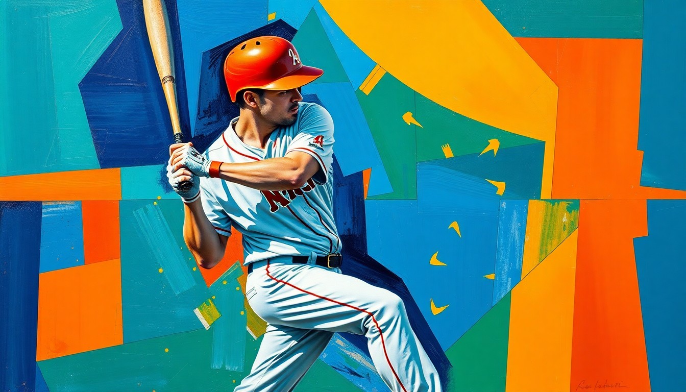 A fragmented, geometric painting depicting a baseball player in motion, with sharp planes of color and overlapping perspectives conveying the challenges of the minor league grind.