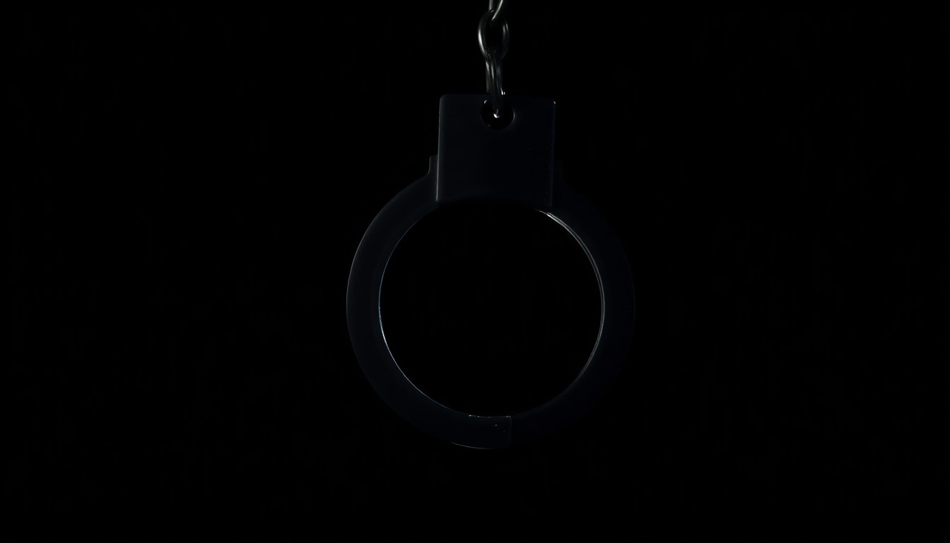 An extreme close-up photograph of a metal handcuff lock, the harsh direct flash creating dramatic shadows and textures to conceptually illustrate the apprehension of a suspect.