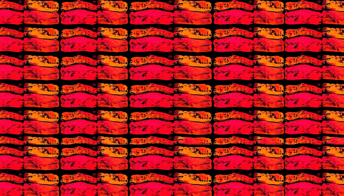 A brightly colored, high-contrast silkscreen print of a stack of barbecue ribs repeated in a tight grid pattern, capturing the vibrant and celebratory atmosphere of the Hub City Hog Fest barbecue festival.