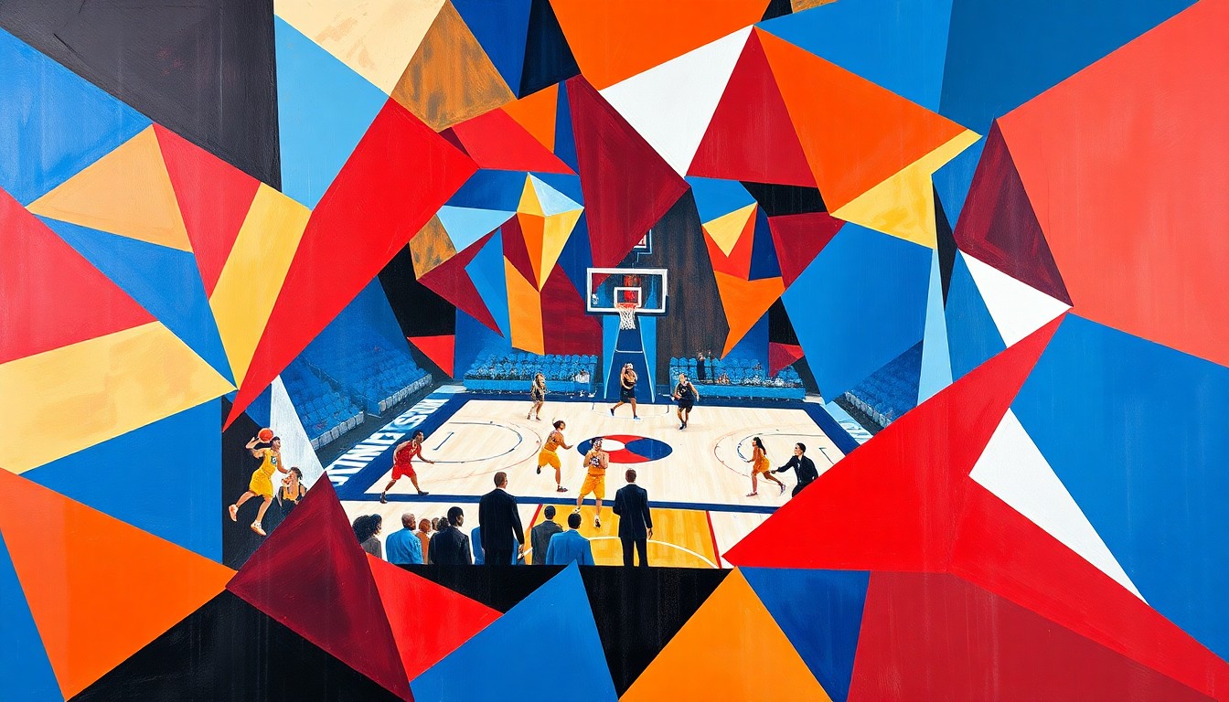 A cubist, geometric painting depicting a WNBA basketball game in motion, with the players and court broken down into sharp, overlapping planes of red, white, and blue, capturing the dynamic energy of the sport.