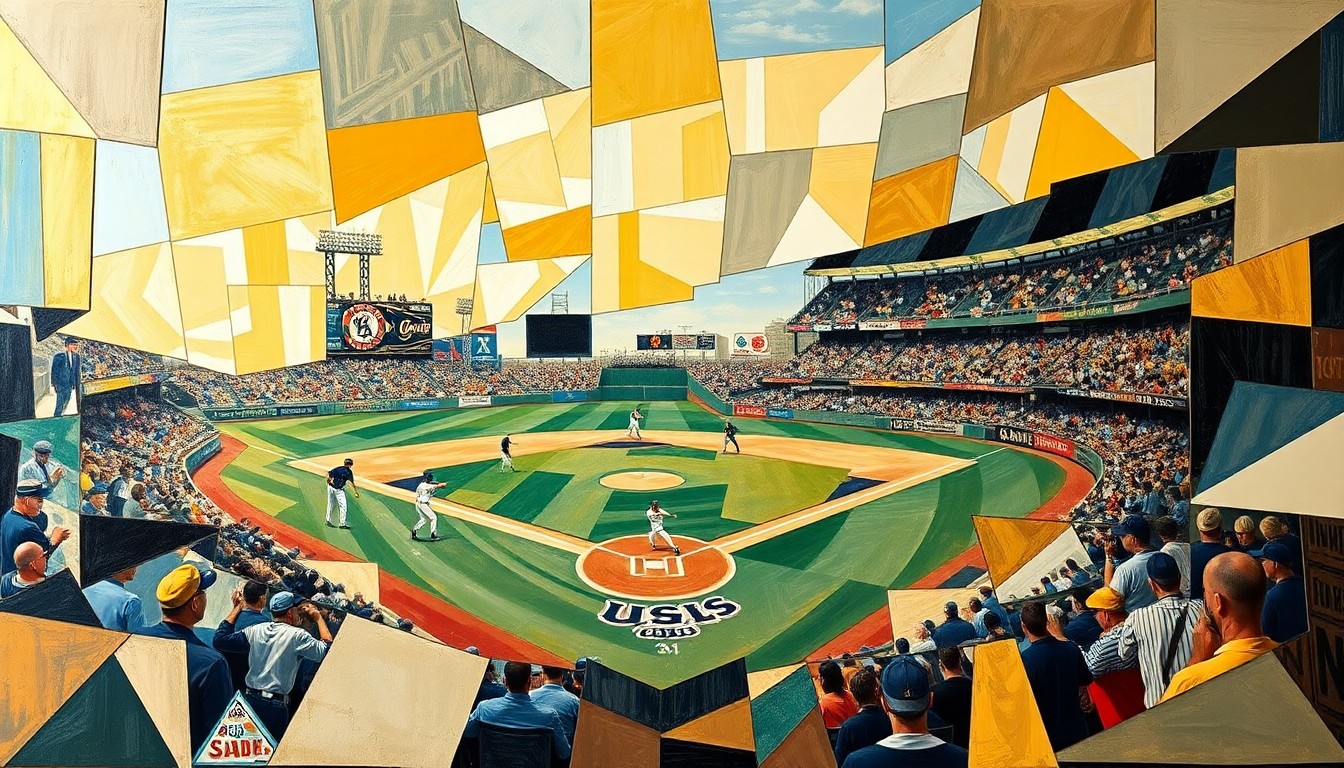 A cubist, geometric painting depicting a baseball game or match, with the players and field broken down into sharp, overlapping planes of color and form, capturing the energy and movement of the sport in an abstract, conceptual way.