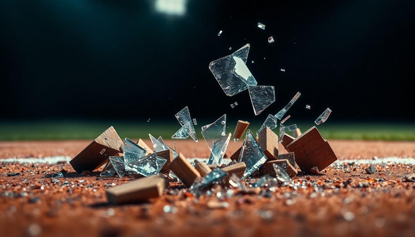 An abstract close-up image of a shattered baseball diamond surface, with dramatic lighting highlighting the glittering shards of glass and splintered wood, conceptually representing the fusion of digital and physical elements in the Pokémon GO and MLB collaboration.