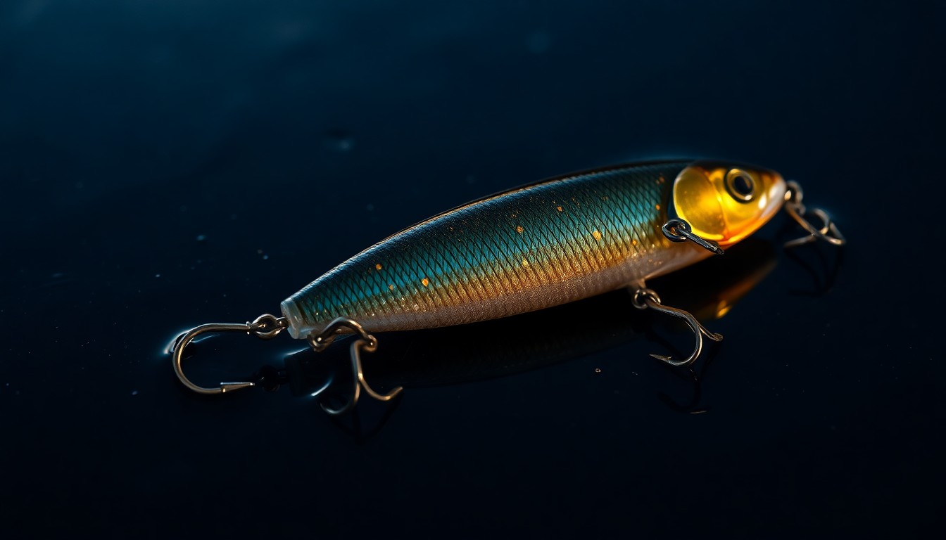 An extreme close-up of a fishing lure lying on a dark, wet surface, the metal hooks and treble reflecting a faint glimmer of light, conceptually illustrating the dangers of recreational fishing.