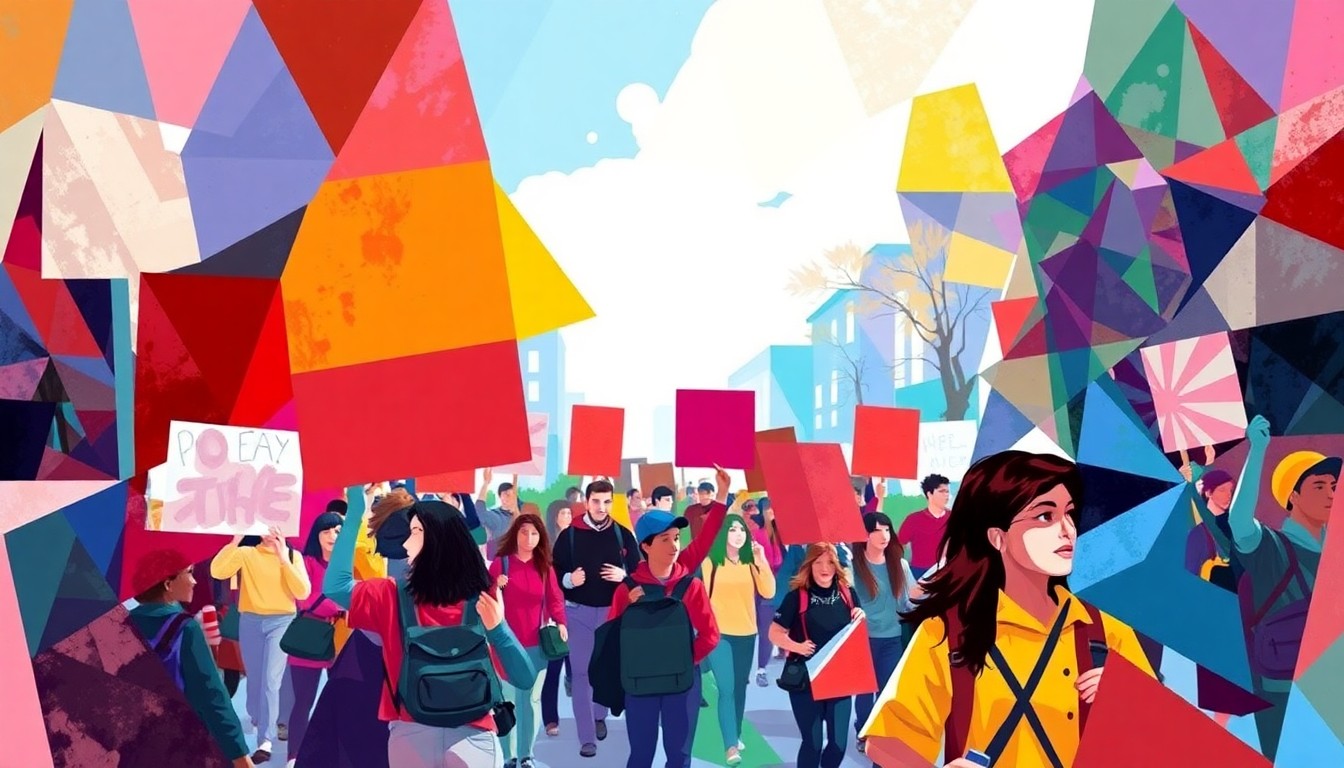 A vibrant, abstract painting depicting overlapping, fractured figures of students marching and carrying signs, conveying a sense of collective action and civic engagement.