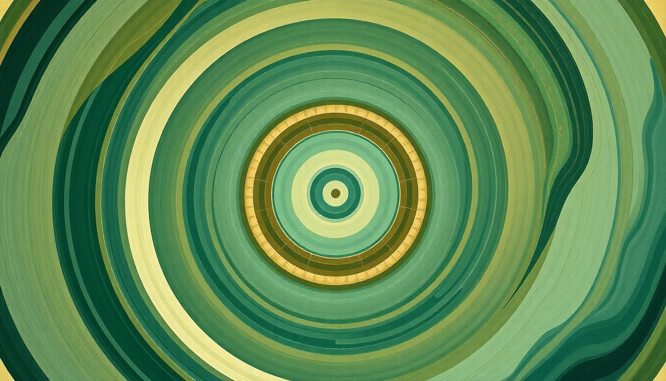 An abstract painting in muted greens, blues, and browns, featuring sweeping geometric shapes and intersecting organic forms, conceptually representing the Denver Zoo's multifaceted global conservation efforts.