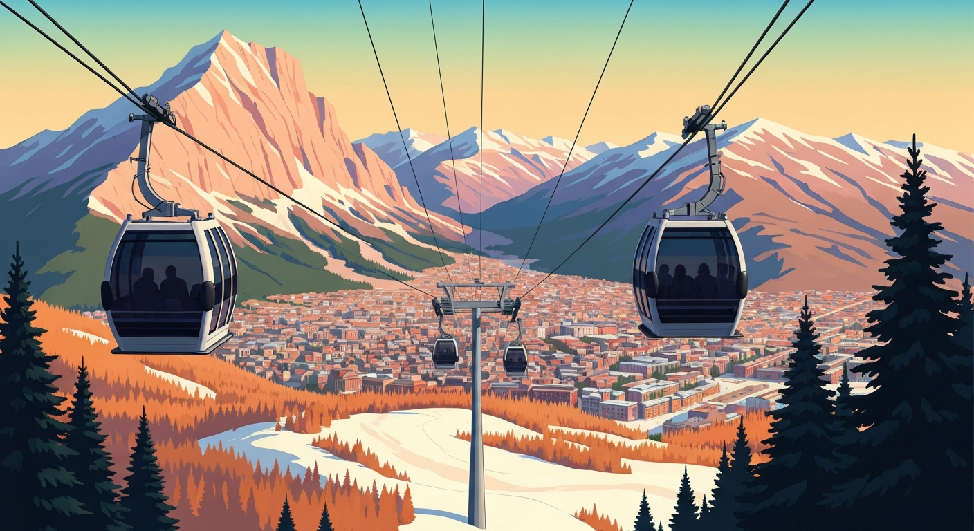 A bold, geometric illustration in the Art Deco style, depicting the sweeping scale and sleek design of the new Winter Park gondola system, with towering perspectives of the mountain and town in the background.