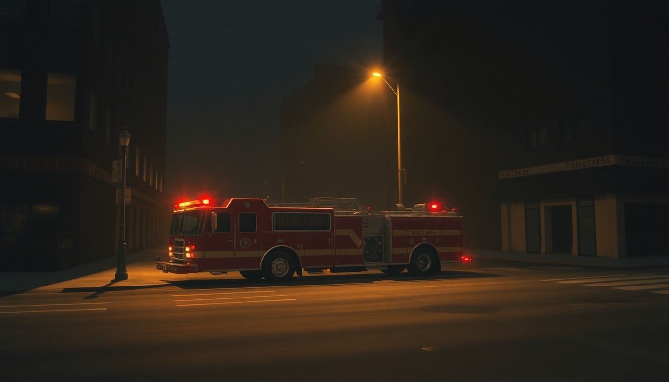 A photorealistic painting of a solitary fire engine parked on a dimly lit city street, with warm sunlight casting deep shadows across the scene, conveying a sense of quiet contemplation about the role of emergency services in the urban landscape.