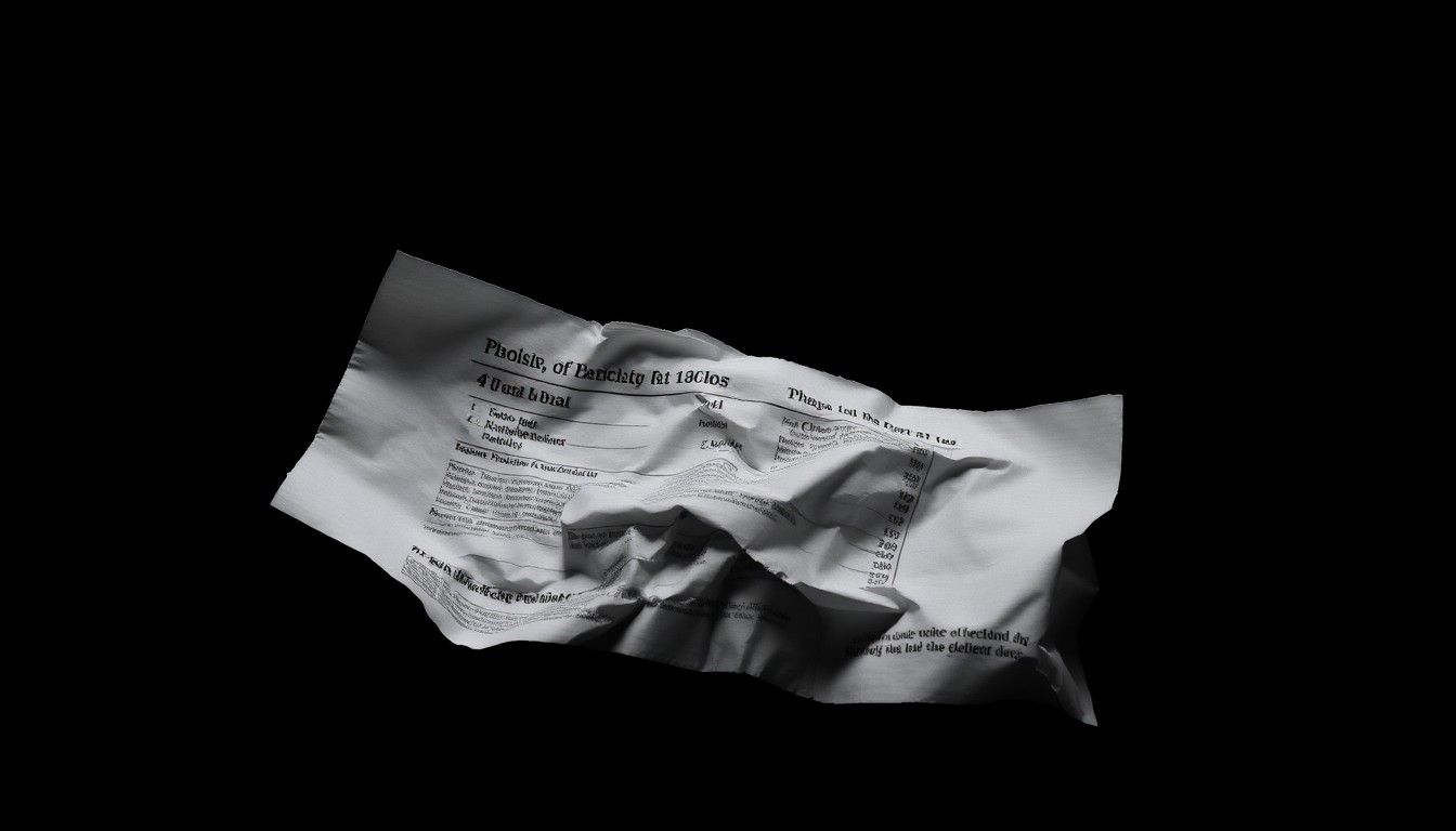 An extreme close-up photograph of a crumpled, torn financial document against a pitch-black background, lit by a harsh, direct camera flash, conceptually representing the investigation into growing fraud cases in the region.