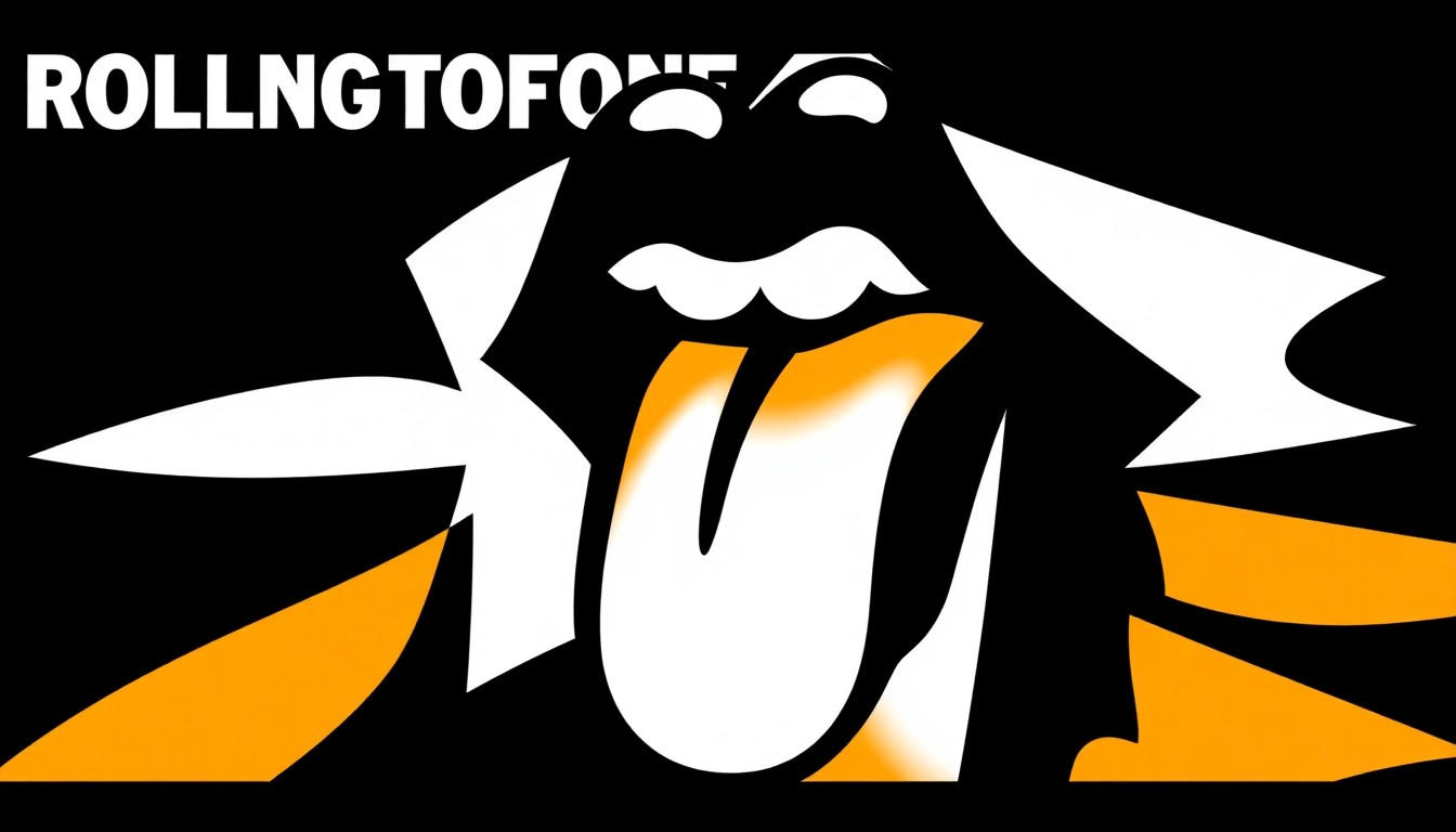 A striking black and white illustration featuring a bold, jagged silhouette of the Rolling Stones' iconic tongue logo, conveying the band's enduring rock and roll spirit and the excitement surrounding their new music.