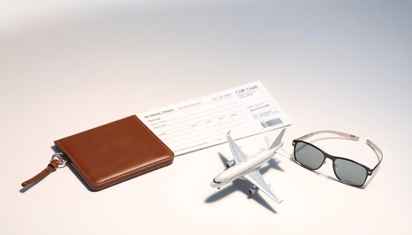 A high-end, photorealistic studio still-life photograph featuring a sleek, modern airport boarding pass, a miniature model of a commercial airliner, and aviation-themed accessories arranged elegantly on a clean, white background, conceptually representing the growth and innovation in Maryland's transportation sector.