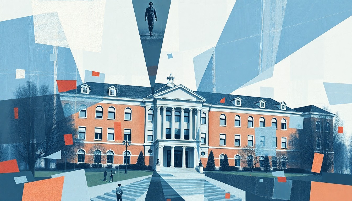 A fractured, abstract painting in shades of blue, grey, and red, with overlapping geometric shapes and lines conveying a sense of disruption and unrest, conceptually representing the controversy over the Texas Tech policy.