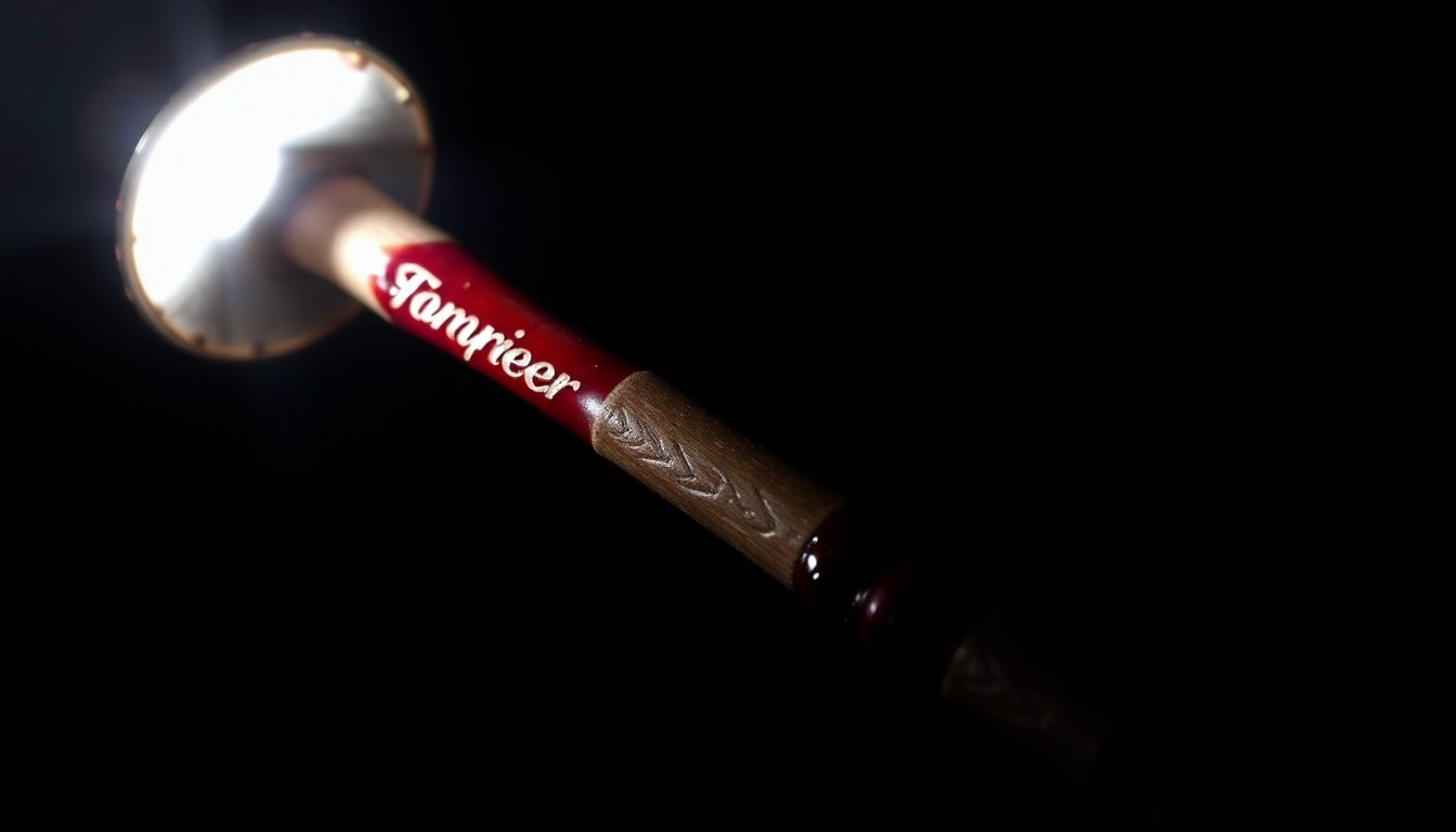 An extreme close-up of a bloodied hammer against a stark black background, conveying the harsh, sudden, and violent nature of the crimes committed.