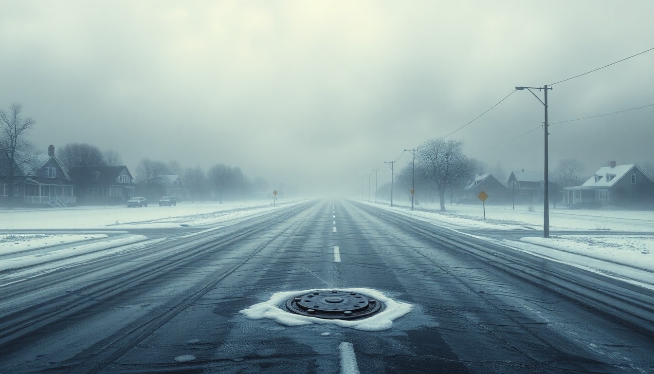 A sweeping, atmospheric landscape painting in muted tones of grey, blue, and white, depicting a frozen, fog-shrouded street with the faint outline of a water valve cover in the foreground, conveying the overwhelming power of nature and the importance of water system maintenance.