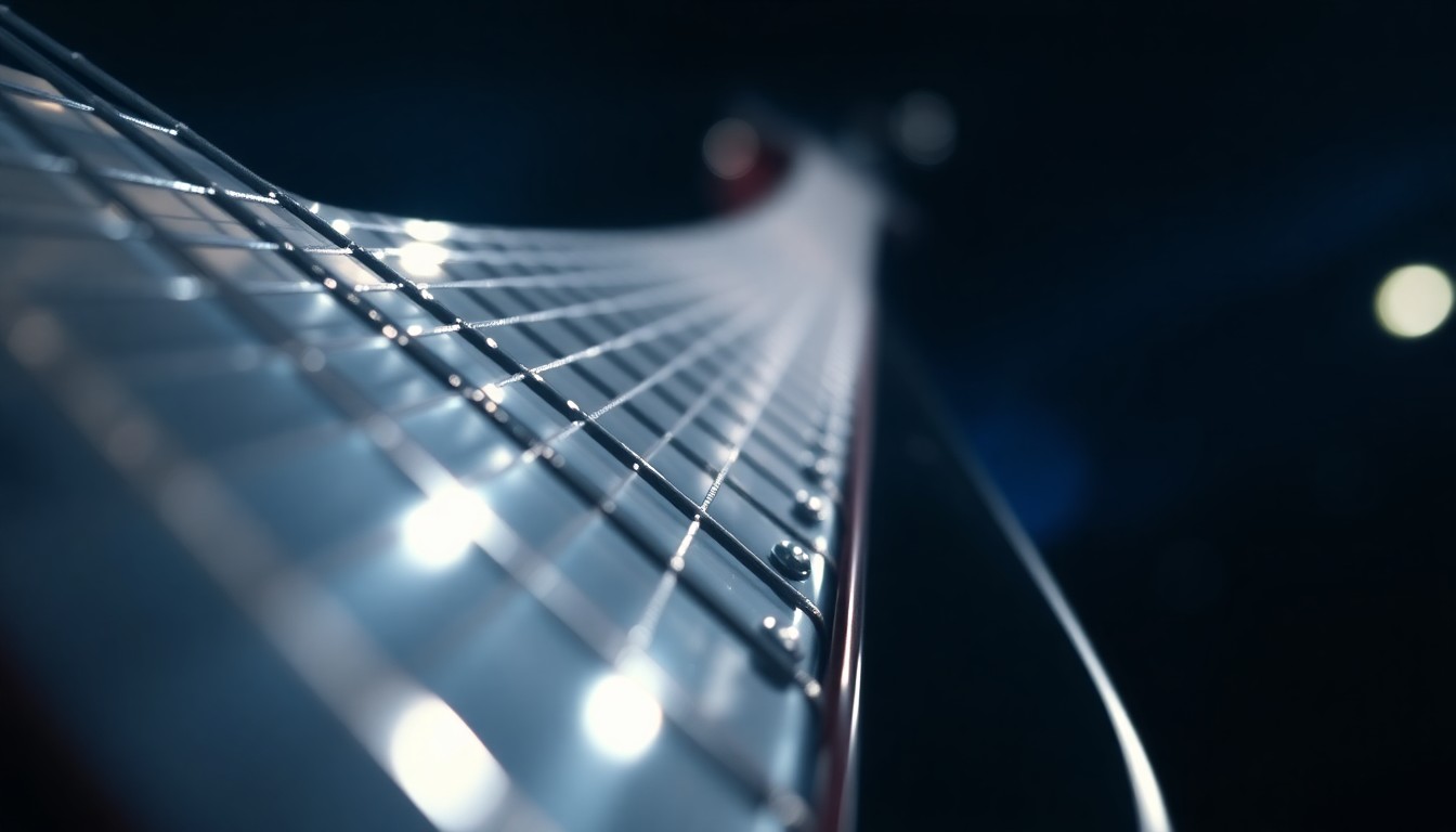 An extreme close-up photograph of guitar strings, reflecting bright stage lights in a high-contrast, high-fashion style, conceptually representing the musical performance.