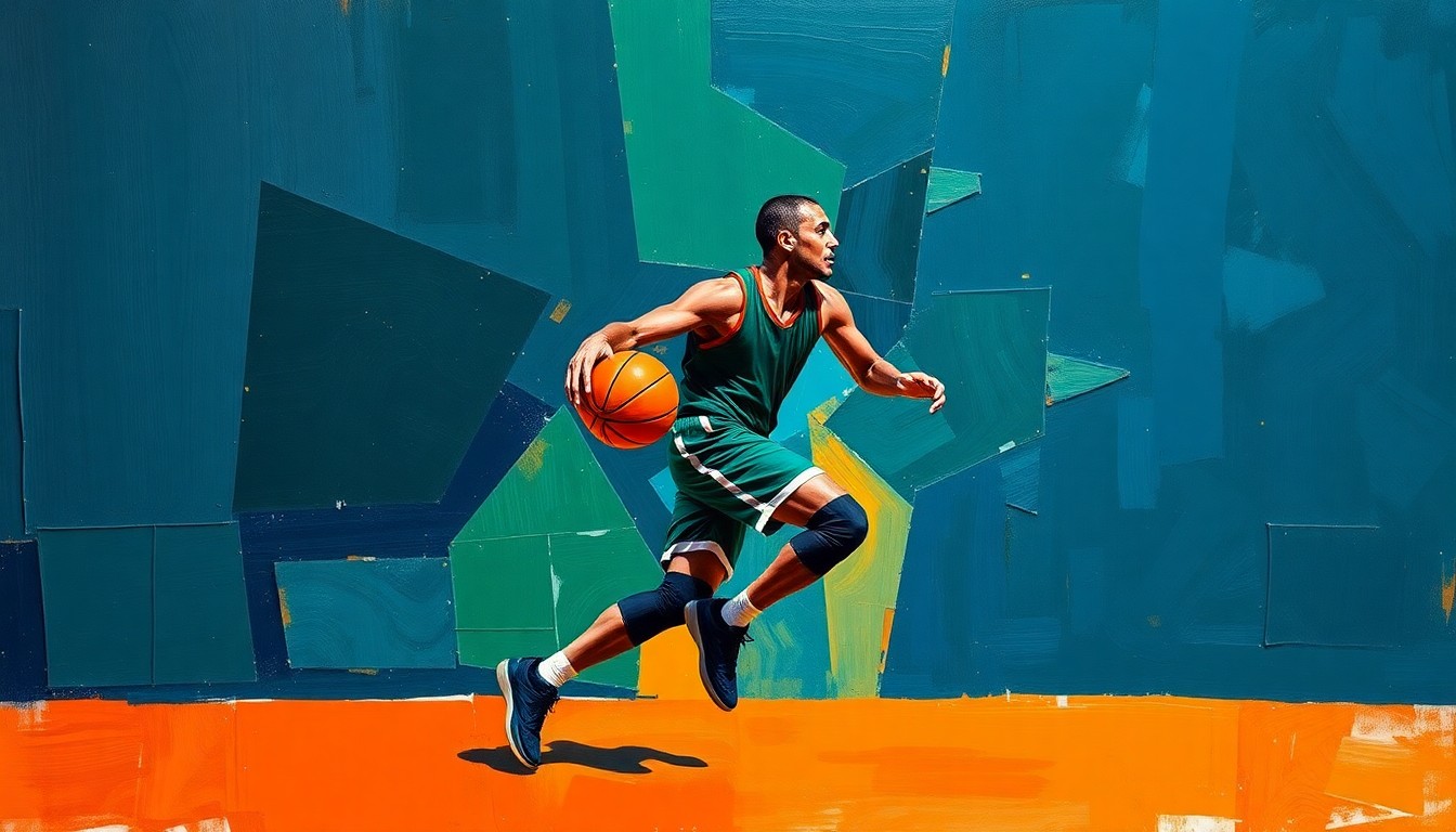 A cubist-style painting depicting a basketball player in motion, broken down into sharp, overlapping geometric shapes in shades of navy, green, and orange, conveying the dynamic energy of the sport.