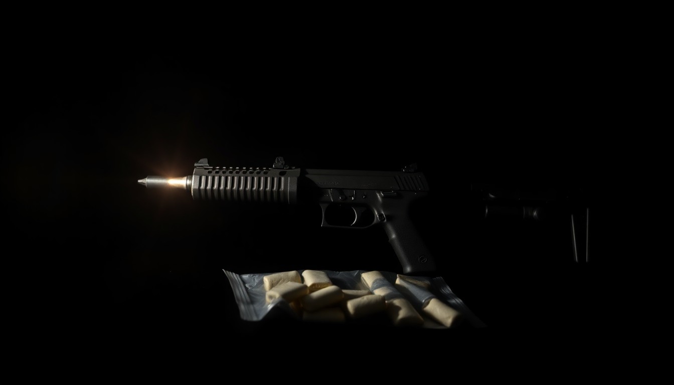 An extreme close-up photograph of a single illegal firearm or narcotics package lit by a harsh, direct camera flash against a pitch-black background, conceptually illustrating the dangerous items seized during the law enforcement operation.