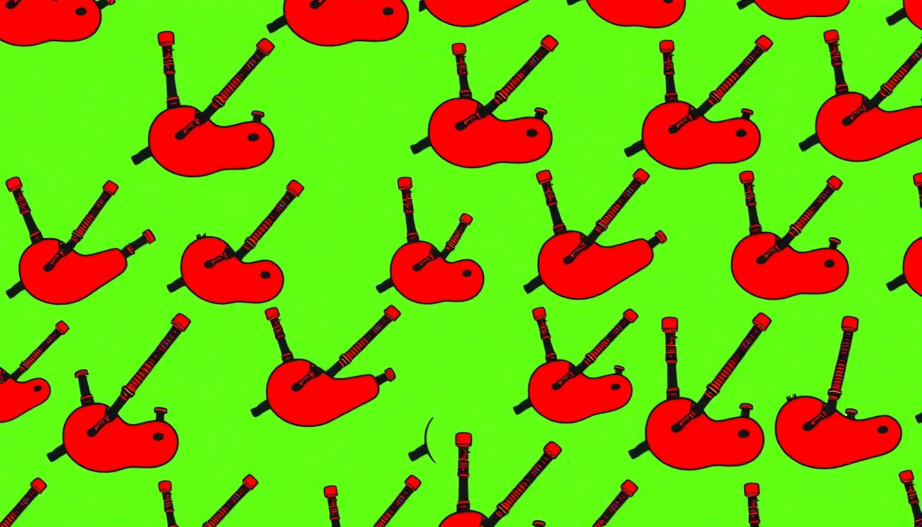 A bold, colorful silkscreen-style illustration featuring a traditional Scottish bagpipe repeated in a grid pattern, capturing the vibrant energy and cultural significance of the Tartan Ball event.