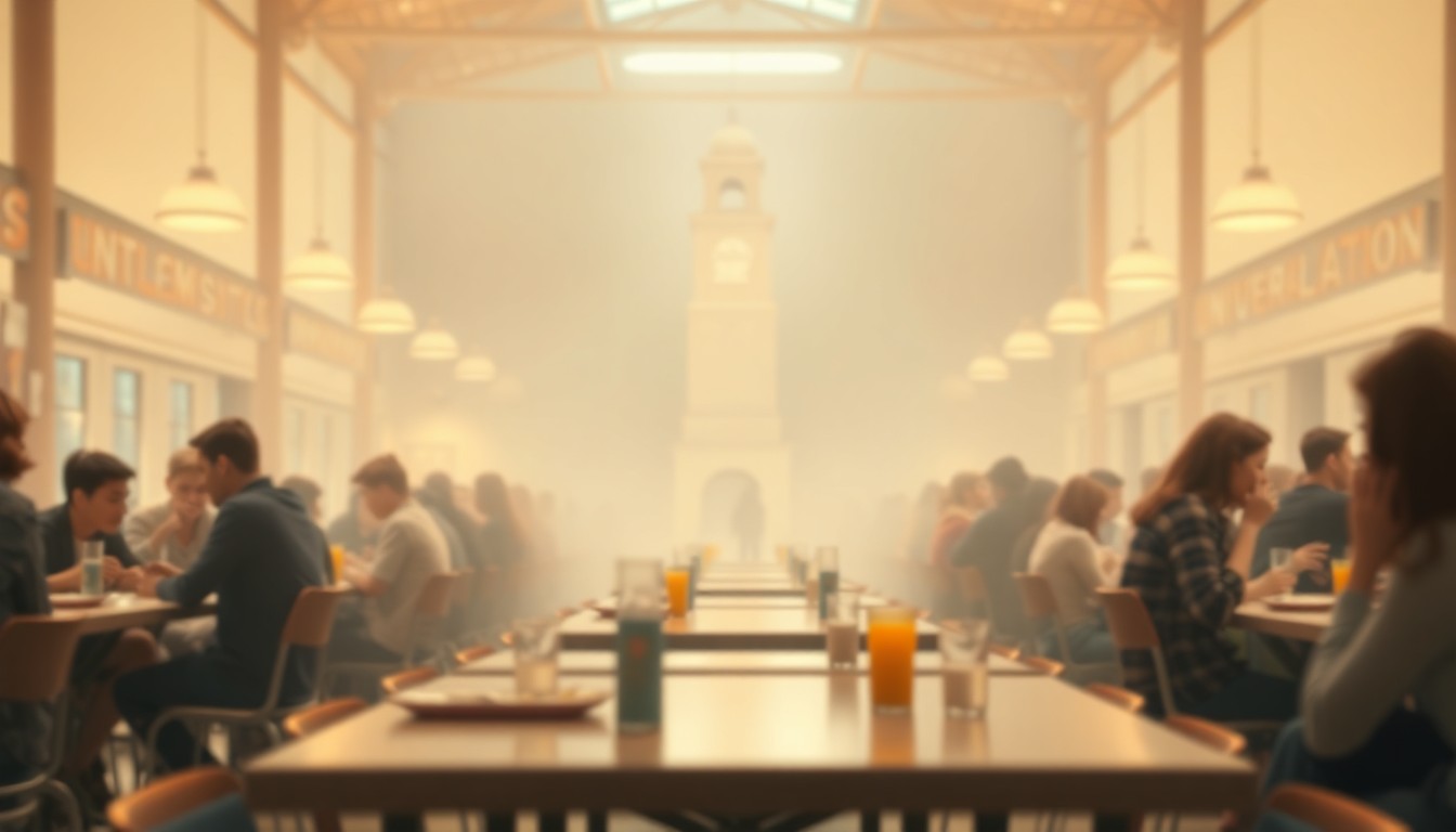 A blurred, impressionistic photograph of a university dining hall, with the faint outline of a bell tower visible in the background, conveying a sense of community and connection.