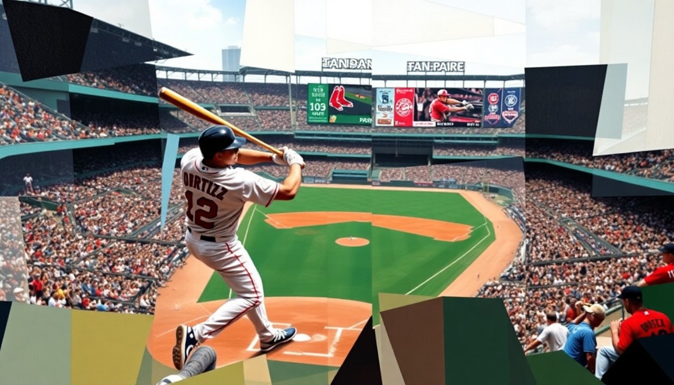 A fragmented, geometric painting depicting the silhouette of a baseball player swinging a bat, with the scene broken down into sharp, overlapping planes of color, conceptually representing the transformative impact of David Ortiz's signing with the Boston Red Sox.
