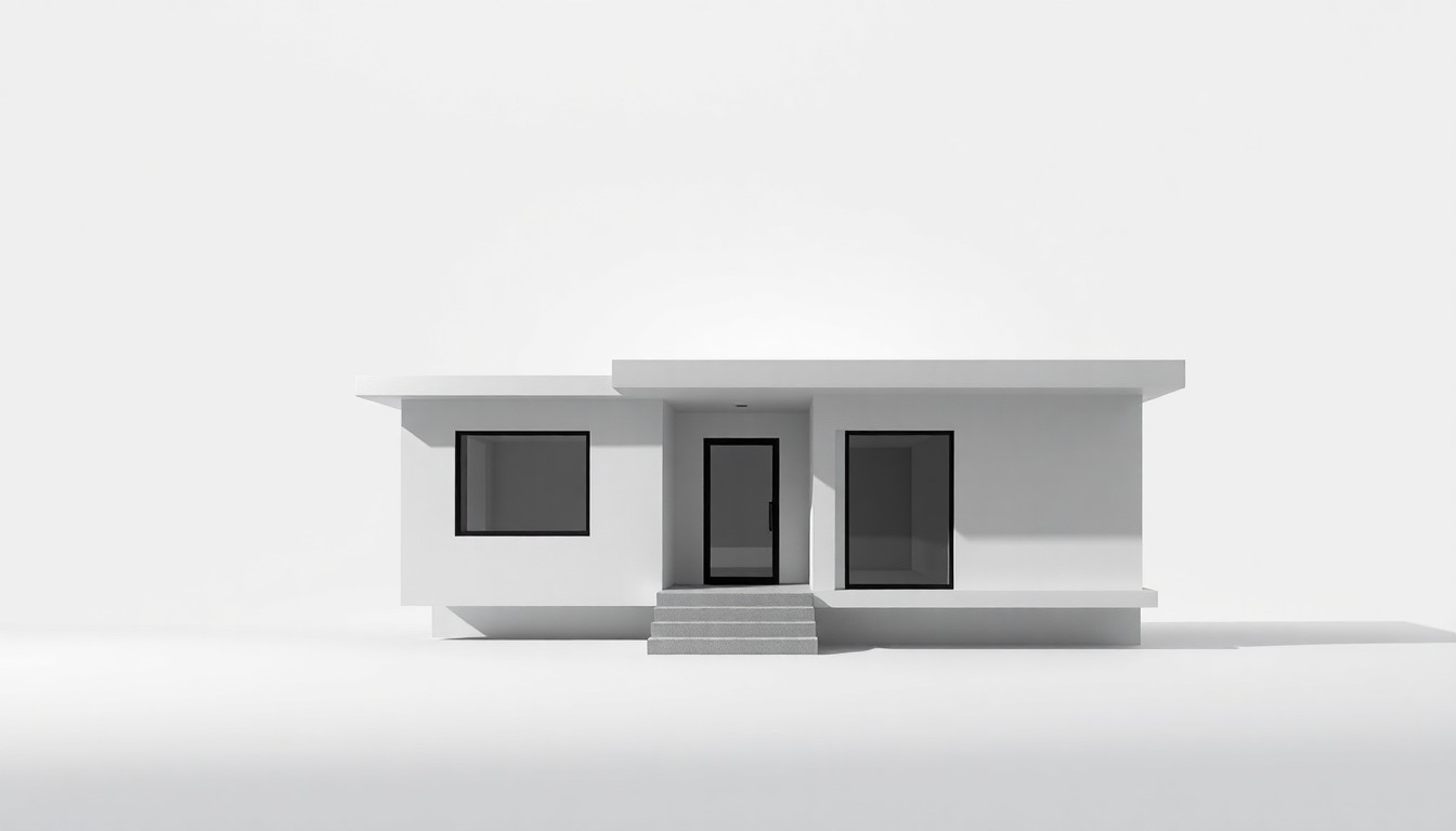 A minimalist, photorealistic studio still life featuring a polished, geometric model home facade made of premium materials like brushed aluminum and tempered glass, floating on a clean, monochromatic background with dramatic lighting and deep shadows to represent the abstract concepts of luxury real estate and high-end living.